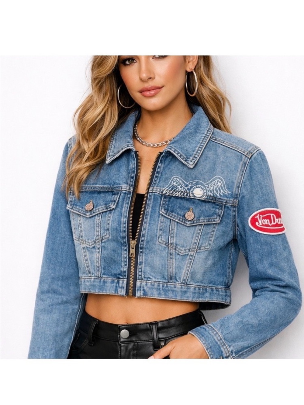 Von Dutch Women’s Cropped Denim Jacket Y2K Logo Patch Blue Jean Trucker Size L - Picture 2 of 10